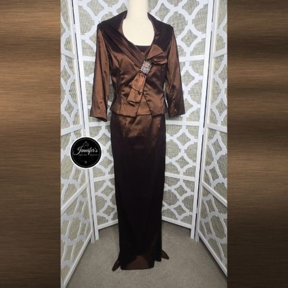 Cameron Blake by Mon Cheri Brown 2-Piece Taffeta Sleeveless Dress and Jacket 8